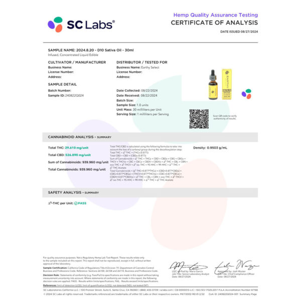 Earthy D10 Sativa Oil - COA