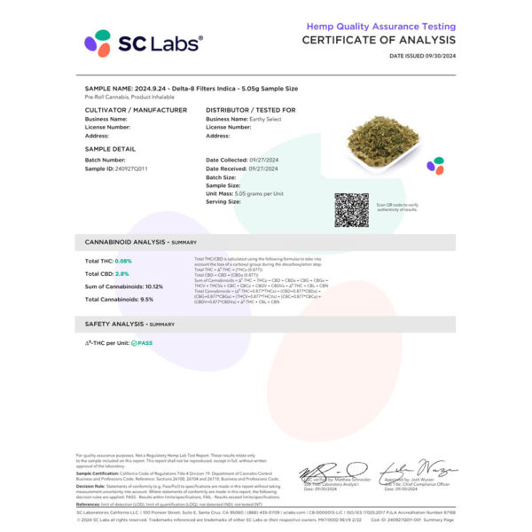 Earthy - Hempettes Delta 8 Indica COA