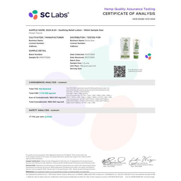 Earthy CBD Soothing Relief Lotion COA