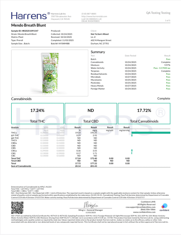 Not Ya Sons Weed Mendo Breath COA