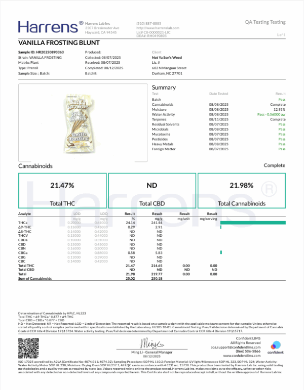 Not Ya Sons Weed VANILLA FROSTING BLUNT COA