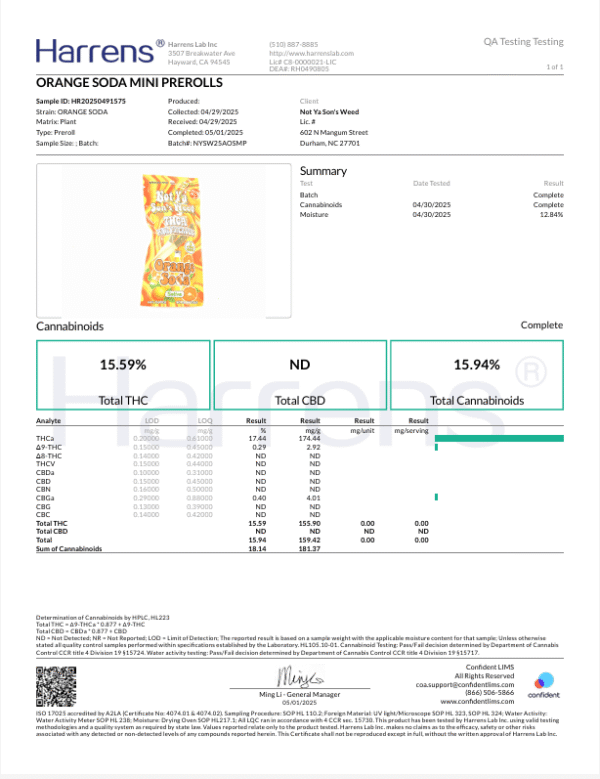 Not Ya Sons weed Orange Soda Mini Prerolls COA