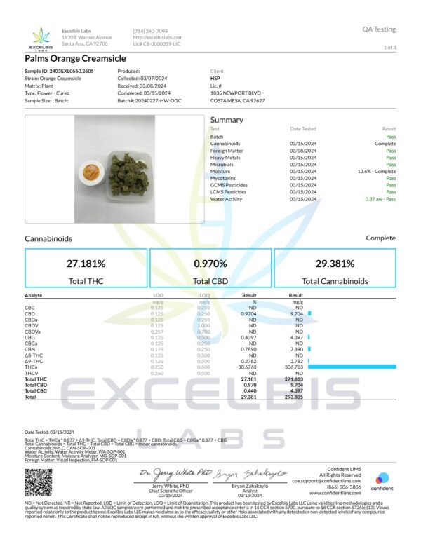 Palms Hemp THCa flower Orange Creamsicle - COA