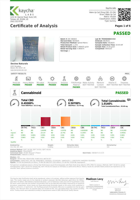 DeVINE CBD CBG Wake Up Call Day Time Gummies COA